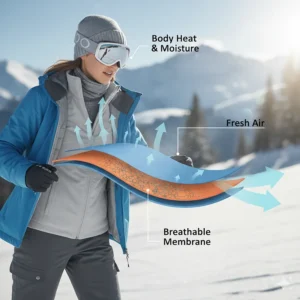 An image illustrating how the breathable membrane in a women's ski jacket wicks moisture away from the body to keep the skier dry.
