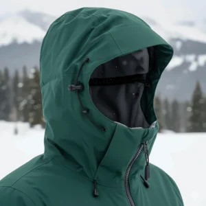 Detailed view of the adjustable, helmet-compatible hood and collar on a modern insulated ski jacket.