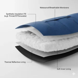 Diagram illustrating the different layers and types of synthetic insulation used inside an insulated ski jacket.