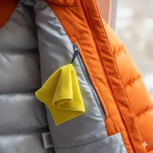 Close-up of the interior pocket on an insulated ski jacket, showing the attached goggle cleaning cloth.