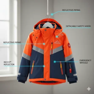 A detailed illustration showing a children's ski jacket with highlighted safety features like reflective piping and a detachable hood.