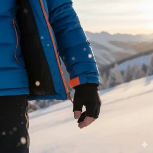 Close-up of the internal snow skirt and stretchable cuffs (thumb holes) for snow protection on a ski puffer jacket.
