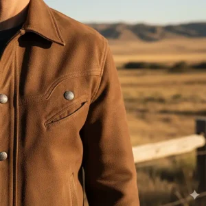 Texture detail of a suede cowboy jacket made from soft, light-brown leather.