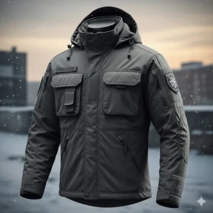 An image showcasing a tactical winter jacket with multiple pockets and reinforced elbows, ideal for security and law enforcement personnel.