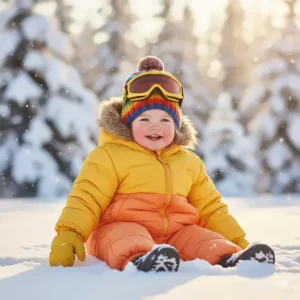 A cute toddler bundled up in a puffy, comfortable ski jacket, ready for their first time in the snow. This jacket is perfect for young skiers.