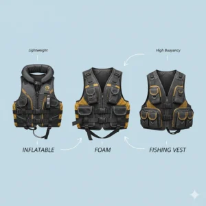 A visual comparison of different types of fishing life jackets, including inflatable, foam, and vest styles, highlighting their key differences.