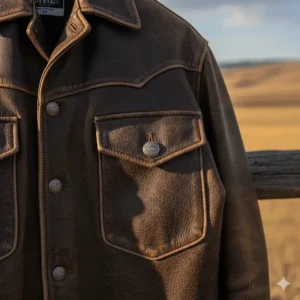 Close-up of the patch pockets and snap button closure on a vintage-style cowboy jacket leather.