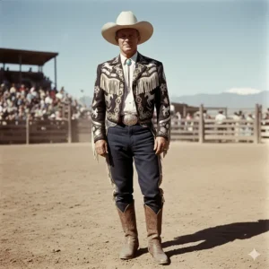 Historic photo of a performer at a rodeo wearing a vintage, highly decorated cowboy suit jacket.