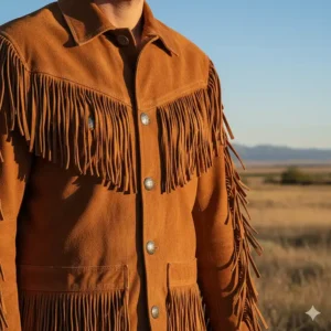 A classic vintage suede cowboy jacket featuring long, authentic fringe on the chest and sleeves.