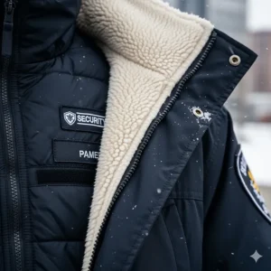 A close-up shot of a security guard's winter jacket, highlighting its warm fleece lining and insulated material for cold weather.