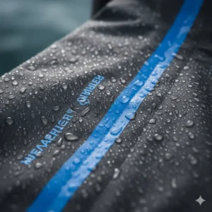 Close-up shot of the durable, waterproof fabric and sealed seams on a high-performance fishing jacket.