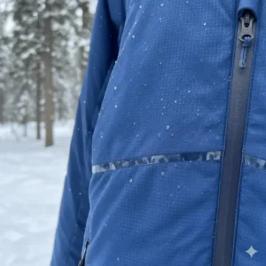 Close-up of a high-quality insulated ski jacket showing the waterproof and durable outer shell fabric.