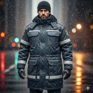 A durable security guard winter coat featuring waterproof fabric and sealed seams to protect against rain and snow.