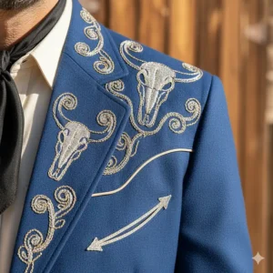 Close-up of the finely detailed embroidery on the lapel of a custom western suit jacket.