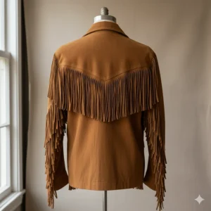 Back view of a Western leather fringe jacket, showing the yoke and full drape of the fringe across the shoulders.