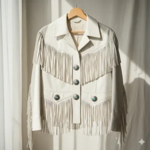 Elegant white fringe cowboy jacket made from soft buckskin, a lighter alternative to traditional brown or black.