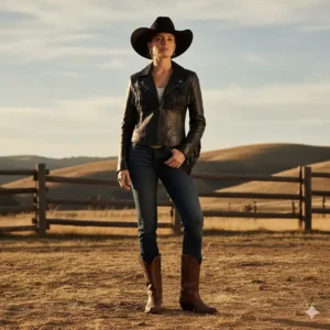 Stylish shot of a woman wearing a black cowboy jacket leather while standing in a western-themed setting.