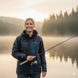 A woman smiling while wearing a stylish and functional waterproof fishing jacket by a riverbank.