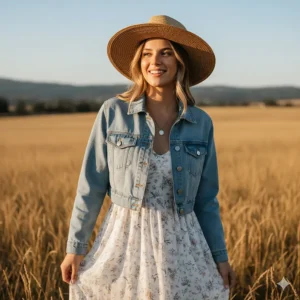 A stylish woman wearing a cropped jean cowboy jacket over a dress, showcasing a modern Western fashion trend.
