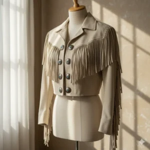 Women's fringe Western jacket in a cropped style, providing a fashionable twist on the classic cowboy jacket with fringe.