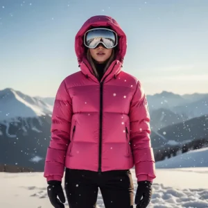A brightly colored pink women's ski puffer jacket, featuring a tailored fit and large hood.