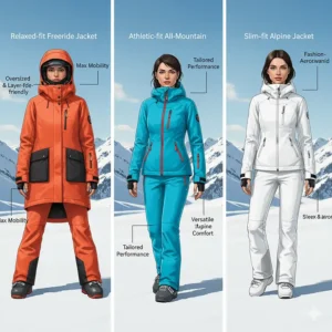A visual representation of the different fits and styles of women's ski jackets, from relaxed-fit freeride jackets to slim-fit alpine jackets.