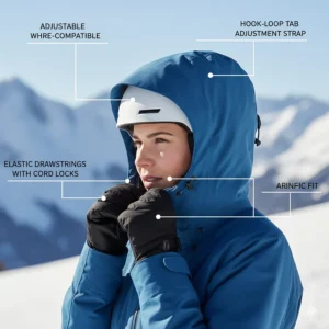 An illustration of an adjustable, helmet-compatible hood on a women's ski jacket, designed for a secure fit in windy conditions.