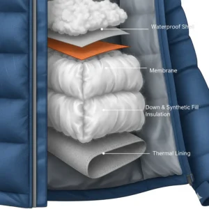 A close-up illustration showing the various insulation layers of a women's ski jacket, highlighting materials like down or synthetic fill for warmth.