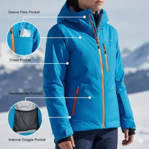 Diagram showing the practical pocket placement on a women's ski jacket, including a sleeve pocket for a ski pass and an internal goggle pocket.