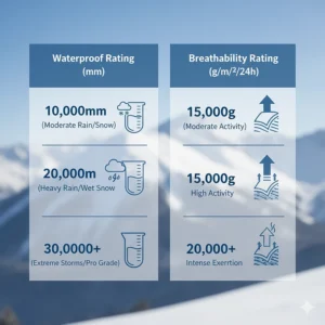 Infographic explaining the waterproof and breathability ratings of a women's ski jacket, using symbols and a simple scale.