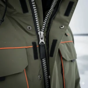 An image highlighting the heavy-duty, corrosion-resistant zippers and storm flaps on an ice fishing jacket, which prevent wind and moisture from entering.