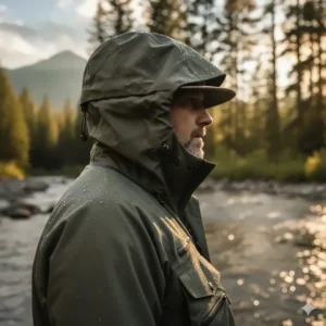 Focus on the adjustable cuffs and articulated hood for maximum protection from rain on a high-performance men's wading jacket.