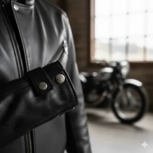 Image focusing on the adjustable cuffs and snap collar closure of the quality motorcycle jacket for men.