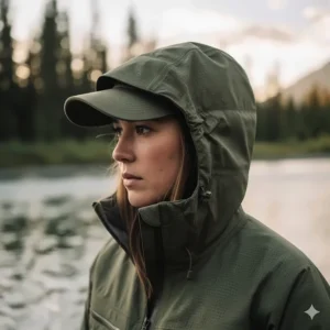 The fully adjustable storm hood on the women's wading jacket for maximum weather protection.