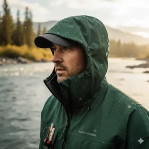 The fully adjustable storm hood on the waterproof wading jacket, featuring a laminated brim for maximum rain protection and visibility.
