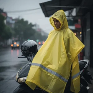 An image of an affordable emergency rain poncho or budget-friendly motorbike rain jacket as a quick-fix option for unexpected showers.
