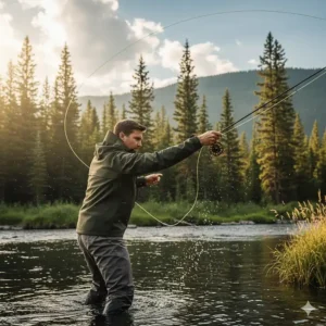 An angler demonstrating the unrestricted range of motion provided by the cut and fit of the professional waterproof wading jacket during casting.