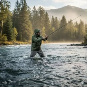 Angler comfortably wading deep in a fast-moving river wearing a high-performance wading jacket.