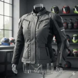 A protective textile motorcycle jacket for women with CE armor pads visible.