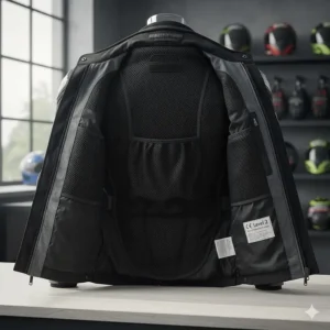 Internal view showing the back pocket designed to hold a spine protector in the women's jacket.