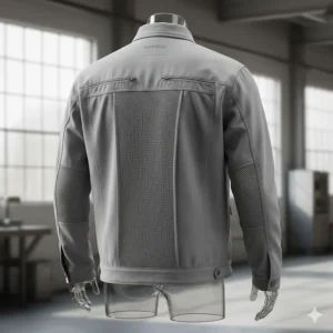 Rear view of a lightweight weld jacket with specialized back venting for increased breathability and comfort.