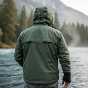 Back view of the short-length wading jacket designed for mobility and deep wading.