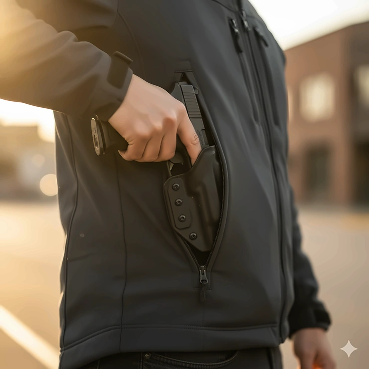 Close-up of a concealed firearm in a best concealed carry jacket's rapid side-access compartment. concealed carry jackets