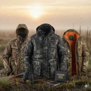 Three different styles of waterfowl hunting jackets laid out, showcasing various camouflage patterns and features for review.