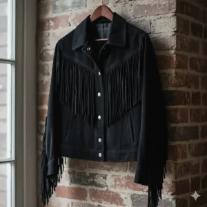 A chic black suede western jacket with long, dramatic fringe across the chest and sleeves.