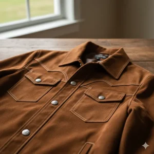 A handsome brown men's suede western jacket with a pointed yoke and chest pockets.