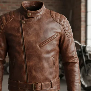 Close-up shot of a men's motorcycle leather jacket in vintage brown, highlighting the distressed texture.