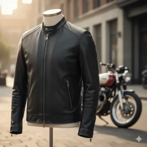 Sleek cafe racer style leather jacket designed specifically for men, featuring a minimal collar and straight zipper.