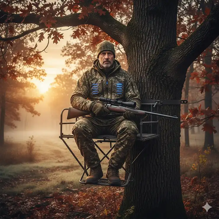 Heated jacket for hunting in camouflage, worn by a hunter positioned in a treestand during cold weather.