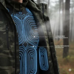 Technical illustration of the internal carbon fiber heating elements used in premium heated jackets for hunting.